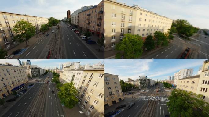 无人机在现代城市华沙繁忙的街道上飞行。公寓建筑的现代建筑