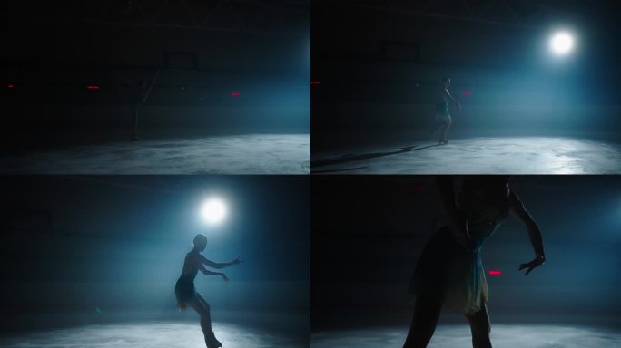 年轻女子的剪影在冰上跳舞在黑暗中，慢镜头，专业花样滑冰