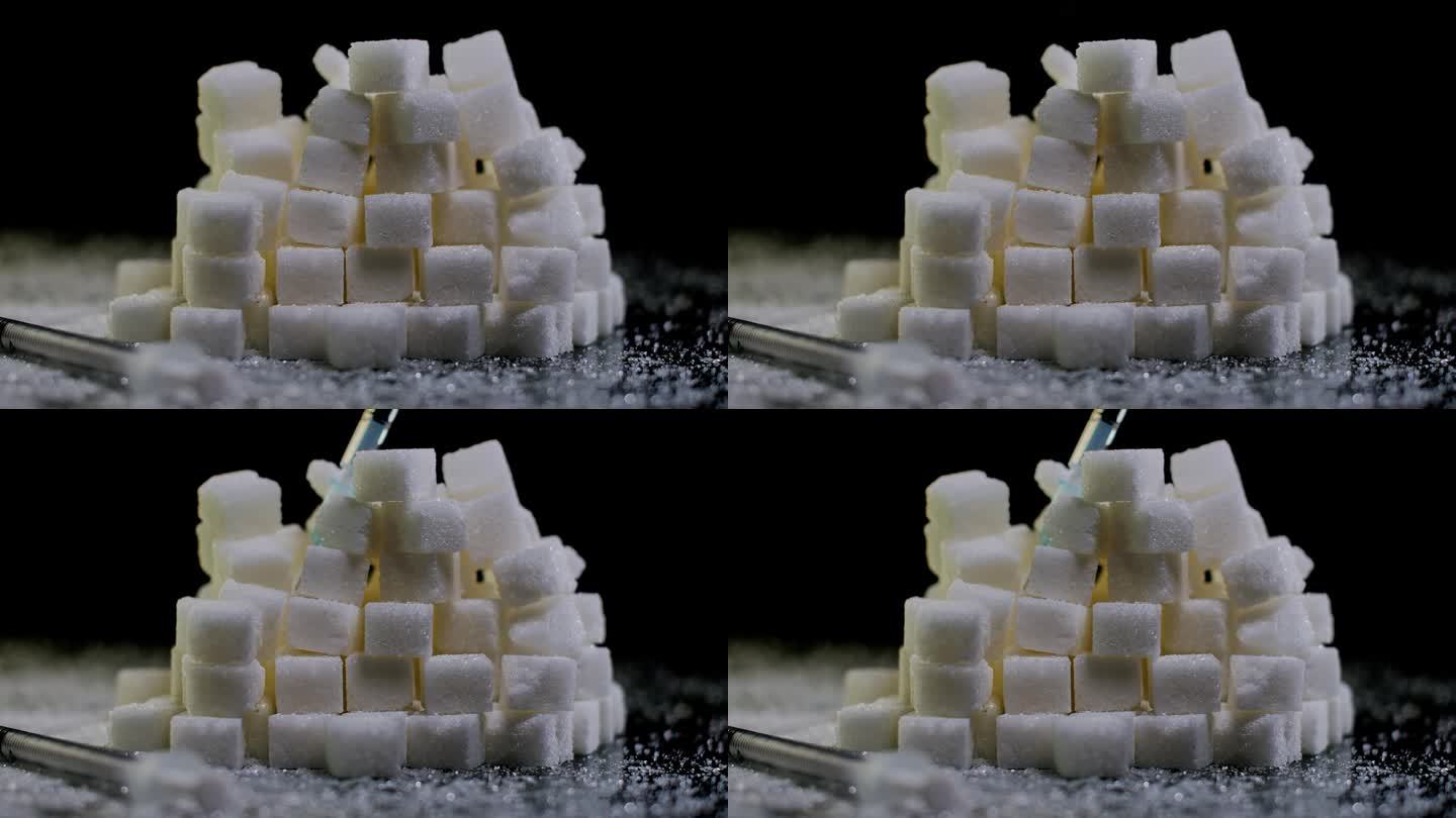 特写镜头是一堆白糖块，里面粘着注射器，慢动作。特写:甜味剂和胰岛素注射(黑色背景)。