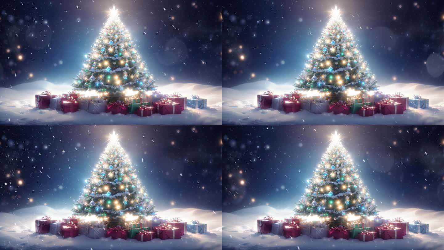 4K唯美梦幻圣诞树装饰飘雪概念背景