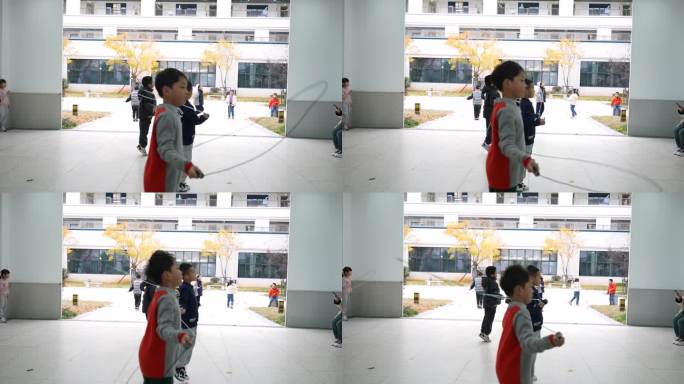 学校课间十分钟小学生小朋友跳绳运动健身