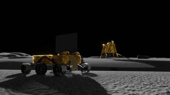 Pragyan月球车的3D动画，背景是它的着陆器
