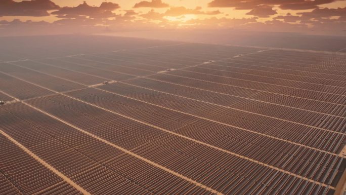 沙漠中太阳能电池板和发电厂的鸟瞰图。阿联酋地区。