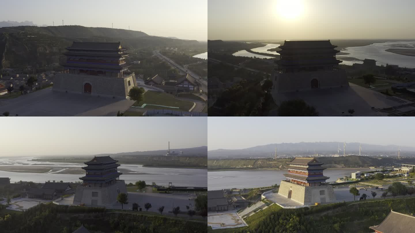 潼关县古城黄河沿岸拐角日落景色航拍夕阳