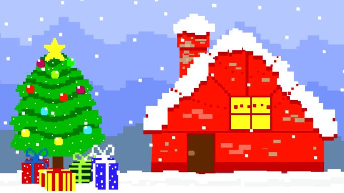 动画圣诞场景在像素艺术风格与圣诞树，房子和下雪。