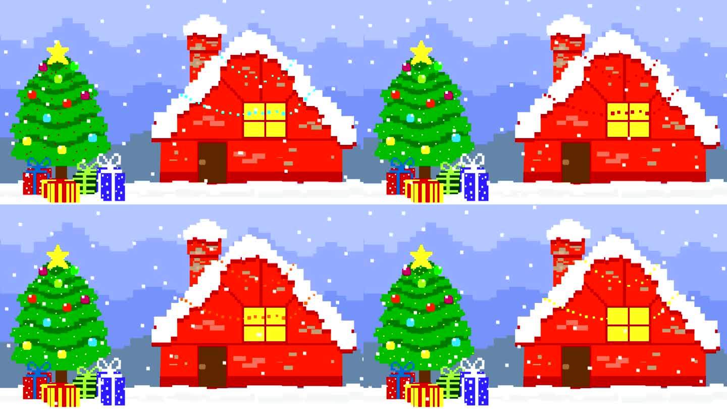 动画圣诞场景在像素艺术风格与圣诞树，房子和下雪。