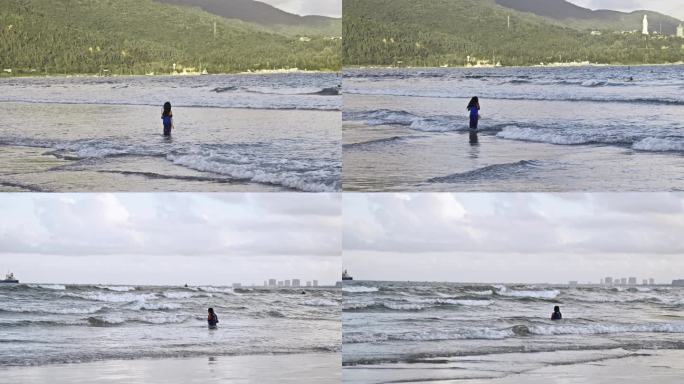 小女孩在海边玩耍