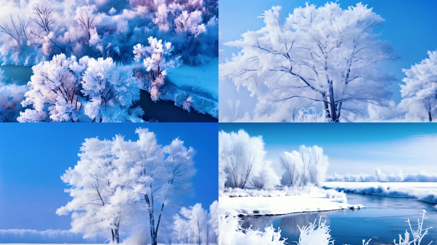 冬天雾凇树挂/雪森林树枝小鹿/冬日暖阳