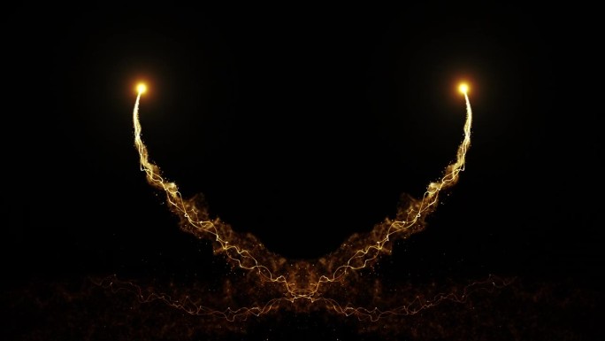 一颗心被两个闪闪发光的火球的弯曲轨迹所画。
