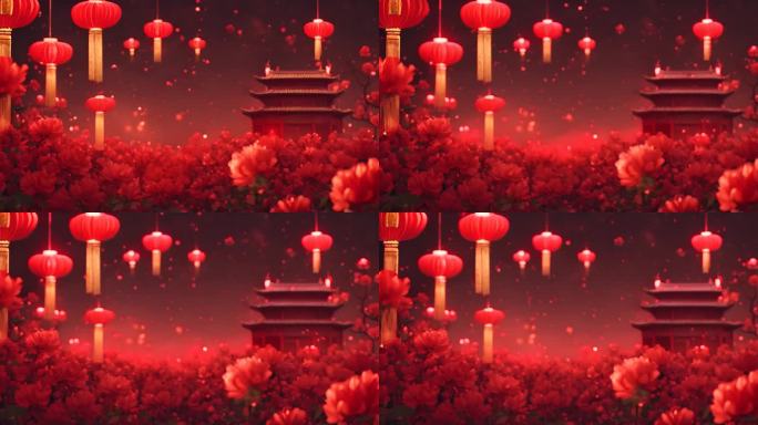 春节鲜花盛开：红色灯笼喜庆中国风