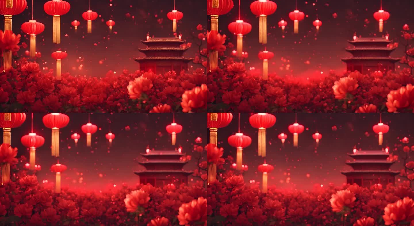 春节鲜花盛开：红色灯笼喜庆中国风