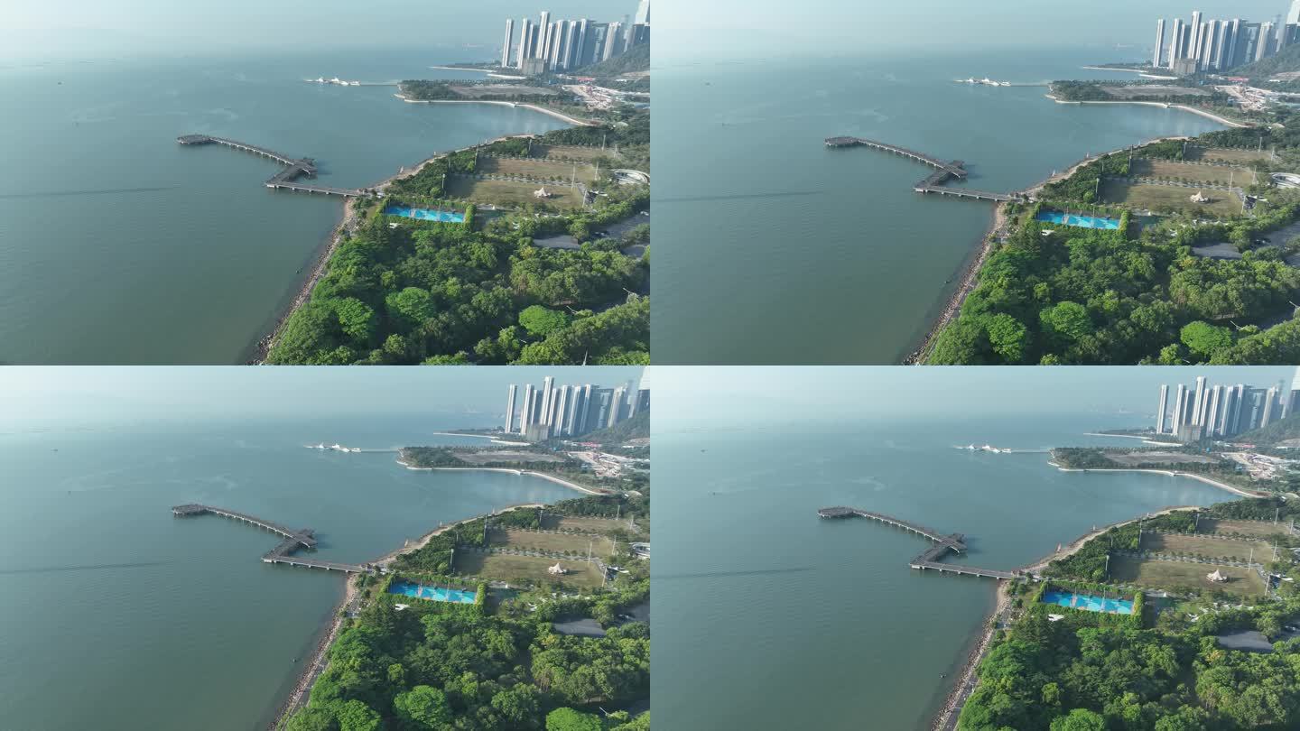 深圳湾公园航拍深圳海岸线风光观海栈桥风景