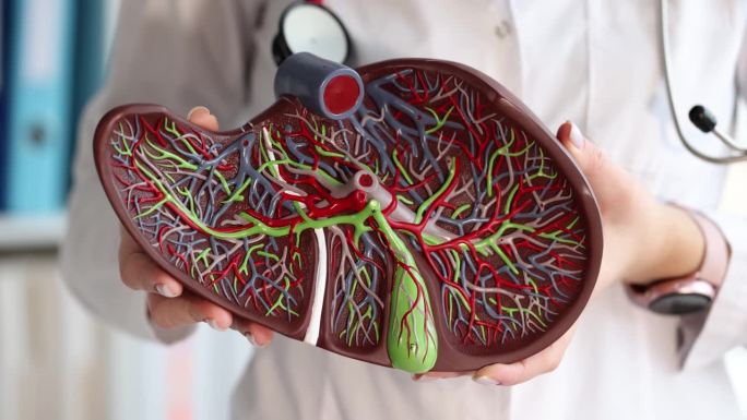 医生拿着一个模拟人体肝脏的慢动作4k电影