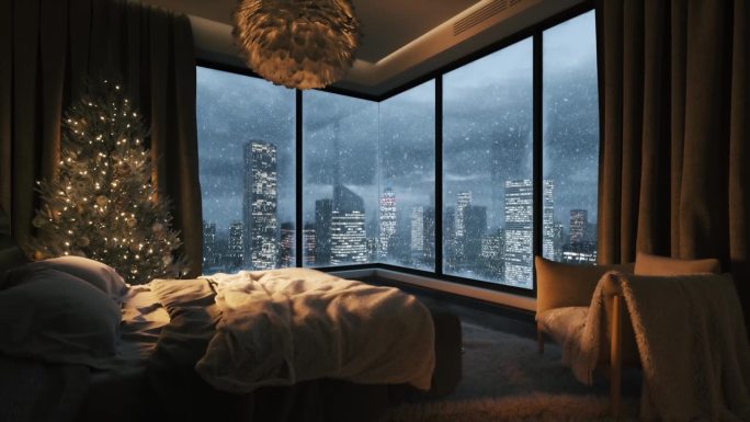 舒适的卧室，窗外飘着雪。从卧室到夜城的景色