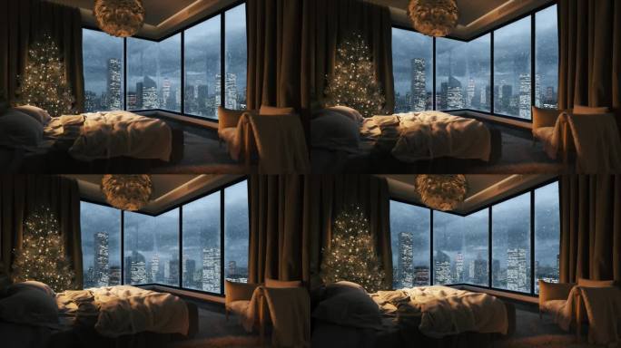 舒适的卧室，窗外飘着雪。从卧室到夜城的景色