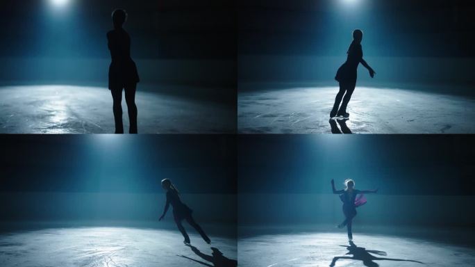 优雅的女子花样滑冰在溜冰场，表演跳跃与旋转在慢动作，电影镜头