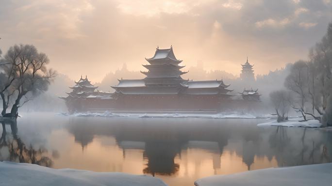 古城下雪雪景唯美雪景江南古建湖景下雪