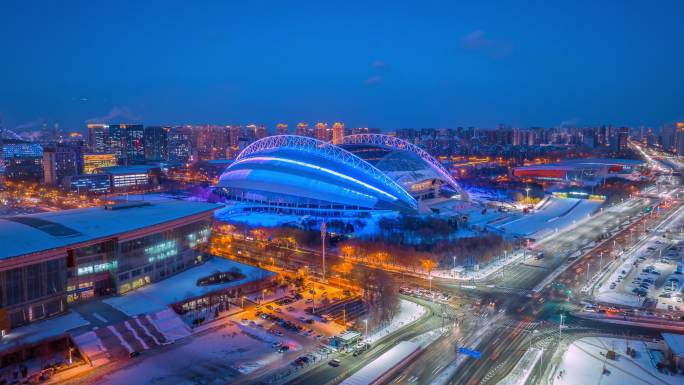 沈阳奥体中心夜景车水马龙航拍延时