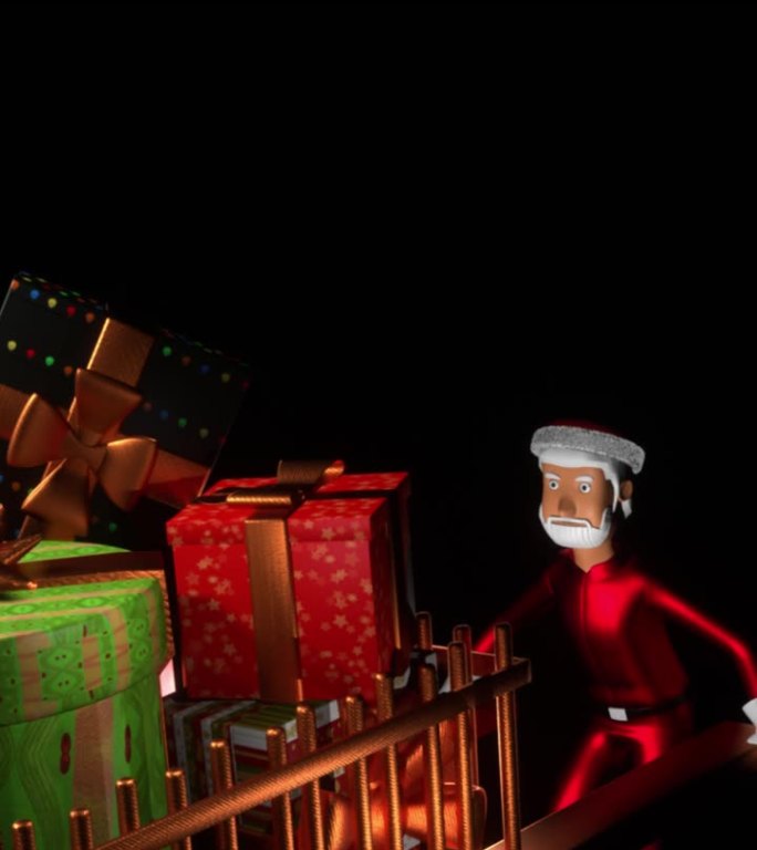 圣诞老人推着一辆装有礼品盒的手推车，背景是黑色的