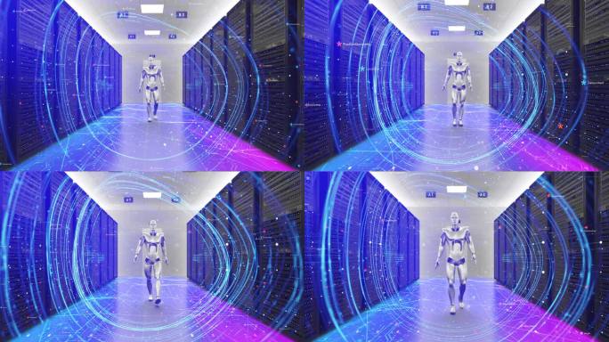 AI控制的先进未来机器人在服务器机房行走。