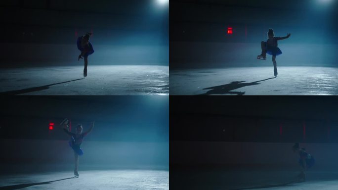 花样滑冰小女孩单腿在溜冰场上表演花样滑冰的剪影