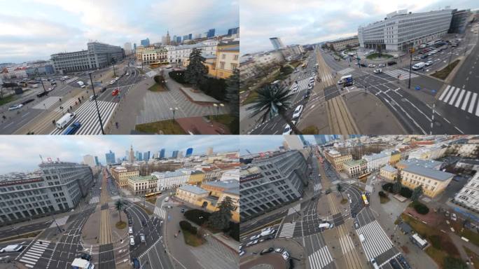 无人机在华沙繁忙的街道和环形交叉路口飞行