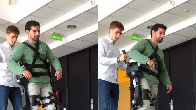机械外骨骼，物理治疗师带着机器人骨骼陪伴残疾人行走，现代医院的物理治疗: