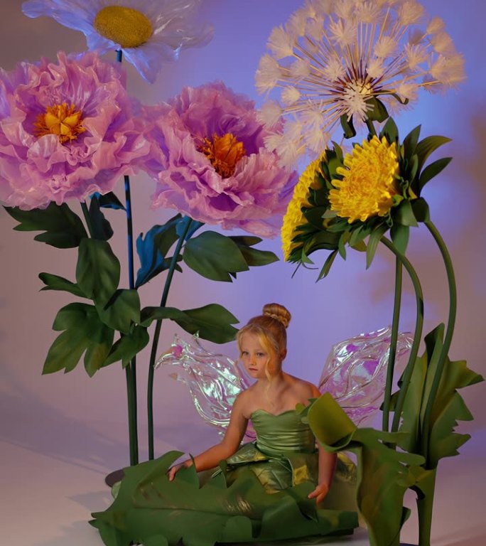 一个穿着仙女裙的孩子在摄影棚里摆姿势
