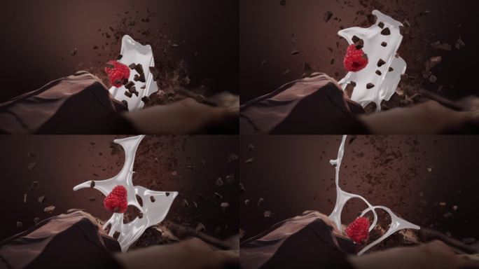 巧克力和牛奶火山的超级慢动作喷发。撒覆盆子和巧克力片