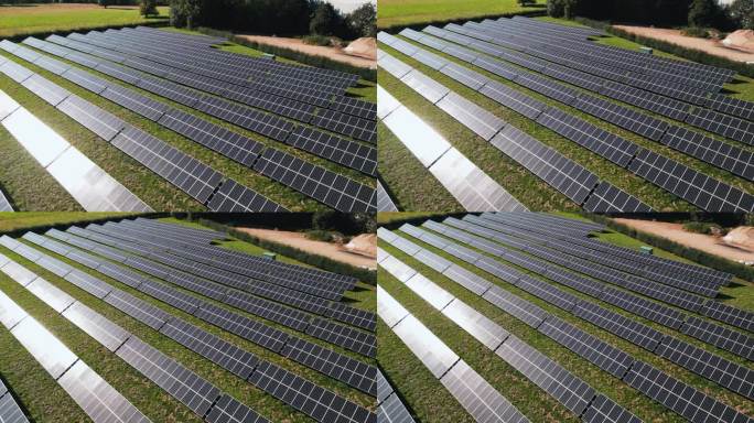 无人机拍摄的太阳能电池板在产生可再生能源的领域