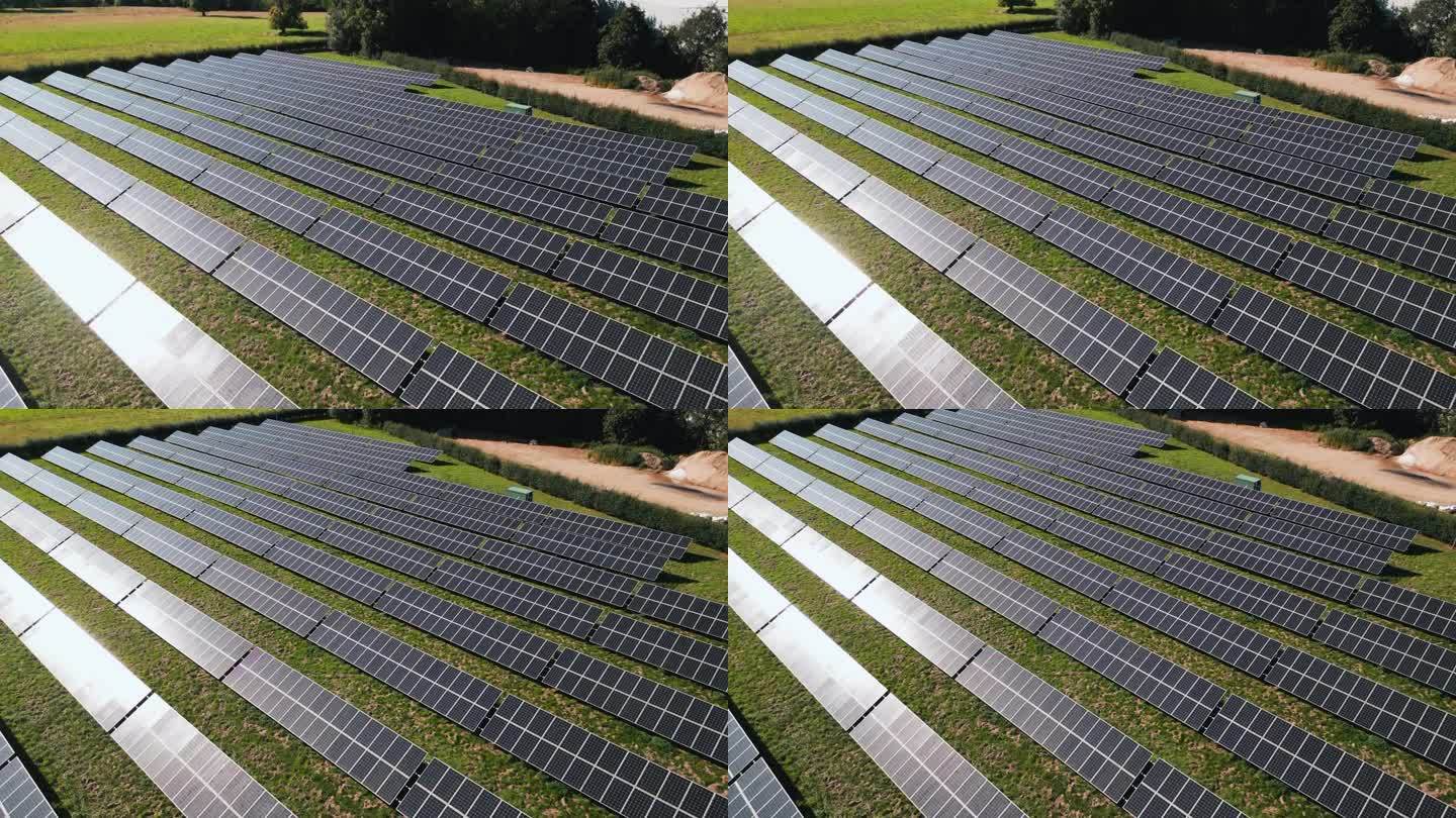 无人机拍摄的太阳能电池板在产生可再生能源的领域