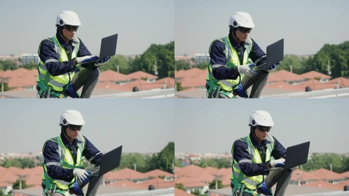 穿制服的工人对太阳能电池板进行有效检查，以最大限度地提高可再生能源的效率。