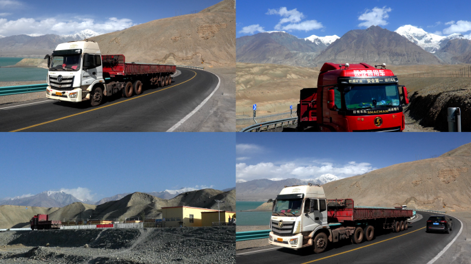 新疆帕米尔高原雪山下的大货车卡车4k
