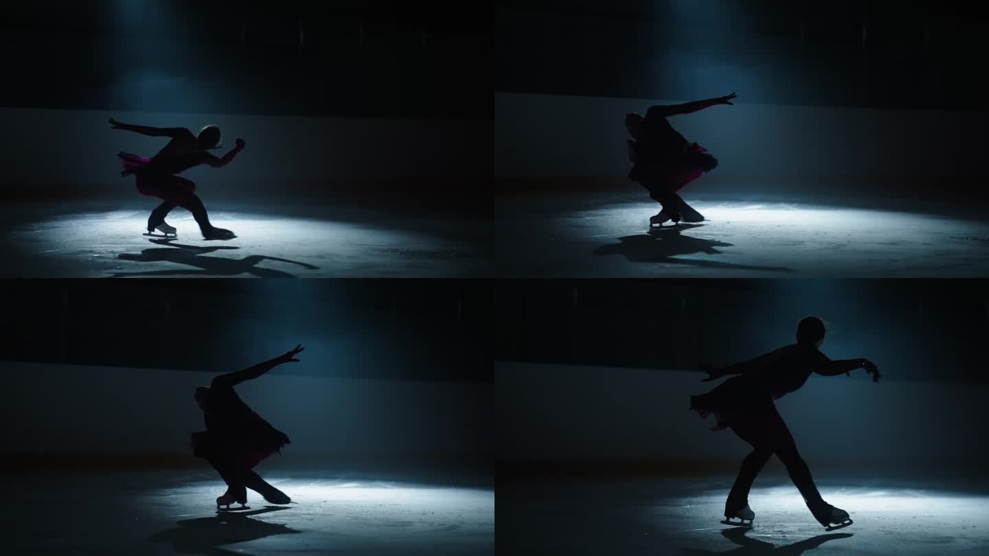 史诗般的镜头与旋转女花样滑冰运动员，惊人的冰上表演，女人的轮廓