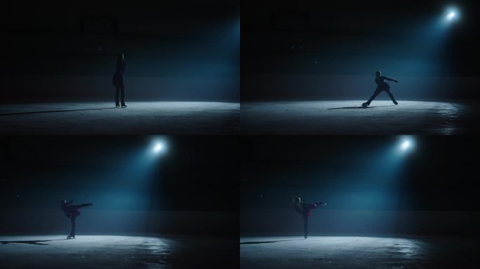 少年女子滑冰运动员在溜冰场，剪影在黑暗中，花样滑冰表演或训练