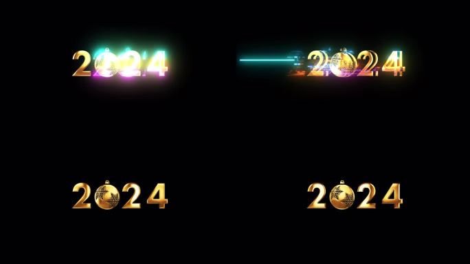 2024新年快乐金色闪耀闪闪发光的文字故障网络朋克效果与雪球动画在黑色背景。隔离与alpha通道快速