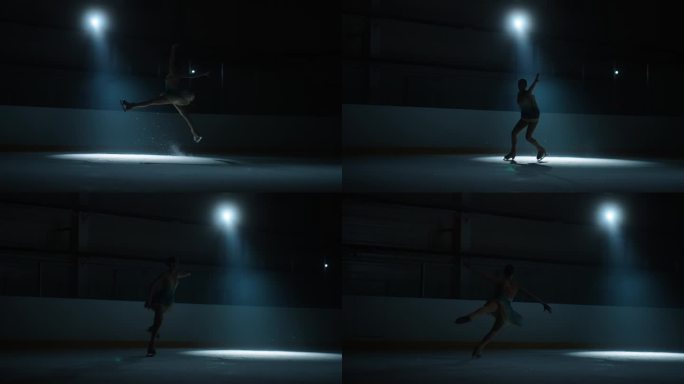 美丽的花样滑冰女选手在冰上跳舞，准备比赛和冠军