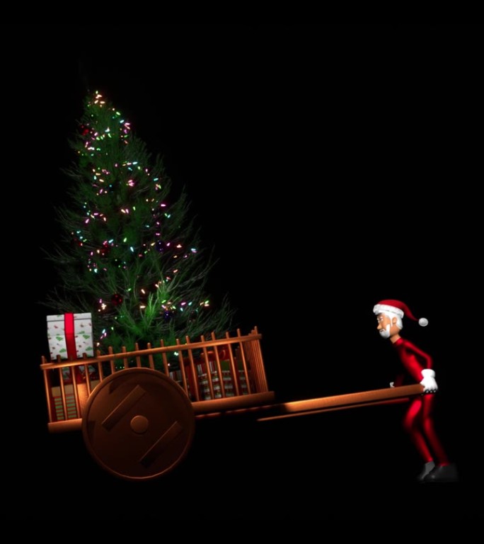 圣诞老人推着一辆装有礼盒的手推车，黑色背景，3d渲染