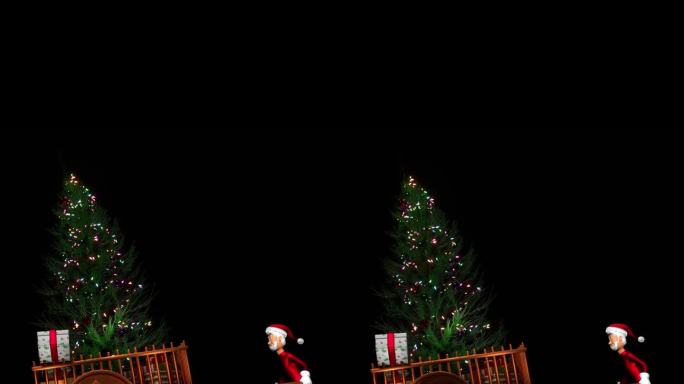圣诞老人推着一辆装有礼盒的手推车，黑色背景，3d渲染