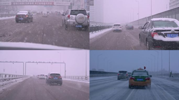 暴雪天气车辆行驶车视角交通雪地胎