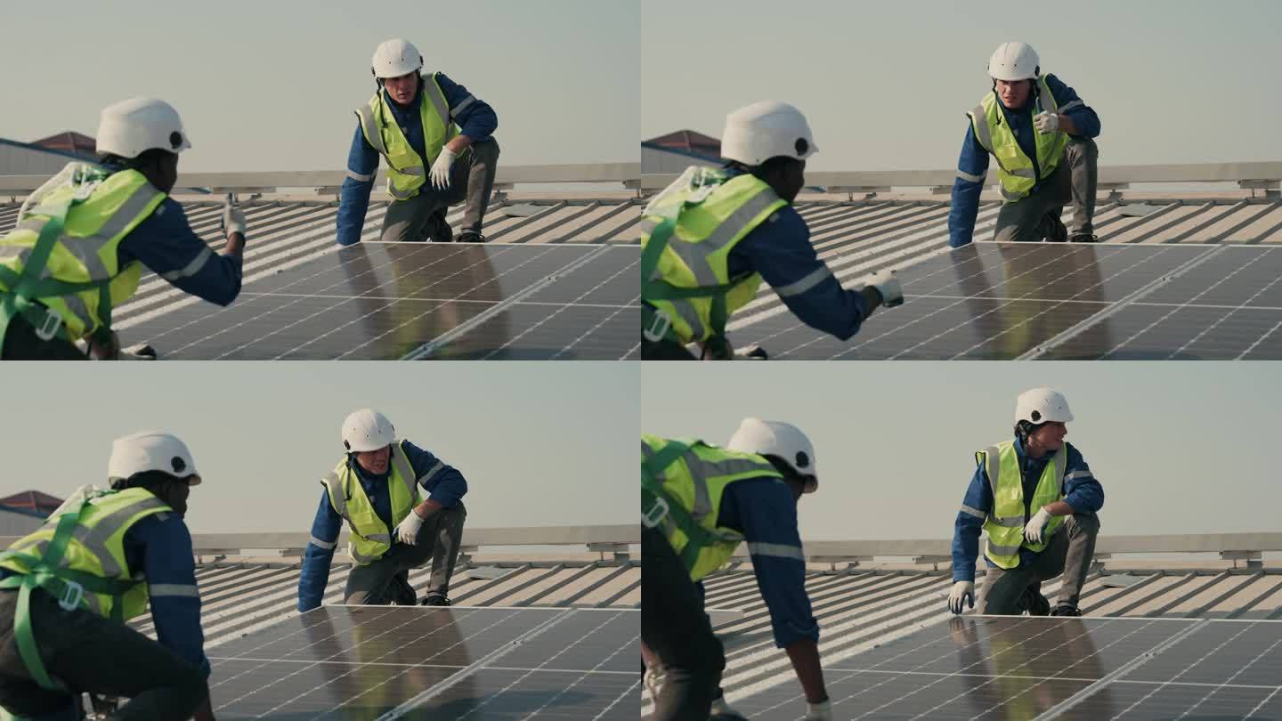 不同的工程师合作，光伏太阳能电池板的有效运行检查。