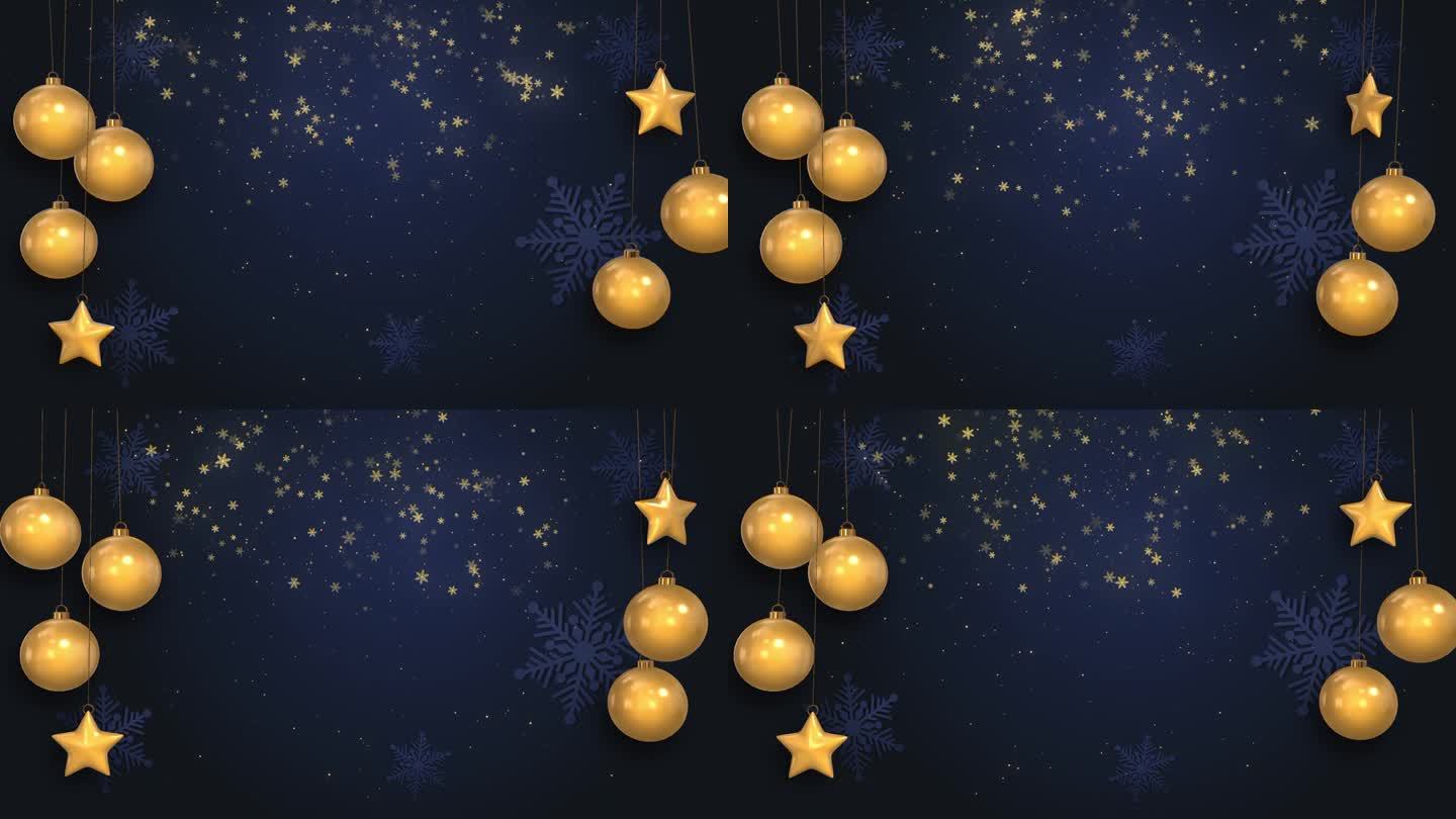 圣诞蓝色背景，闪耀着金色的雪花，星星和球。圣诞贺卡快乐。圣诞和新年海报。循环动画。