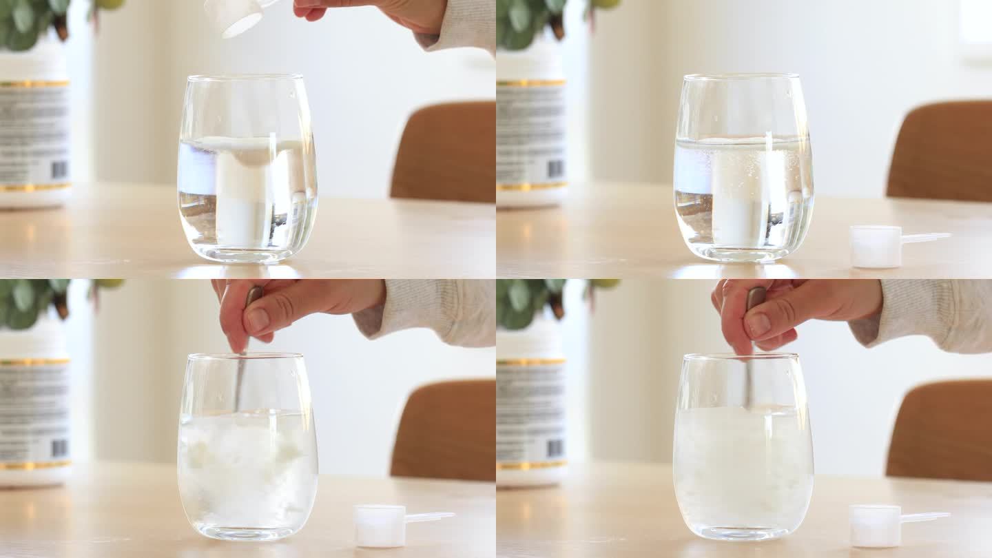 将胶原蛋白粉倒入一杯水中，用勺子搅拌。健康