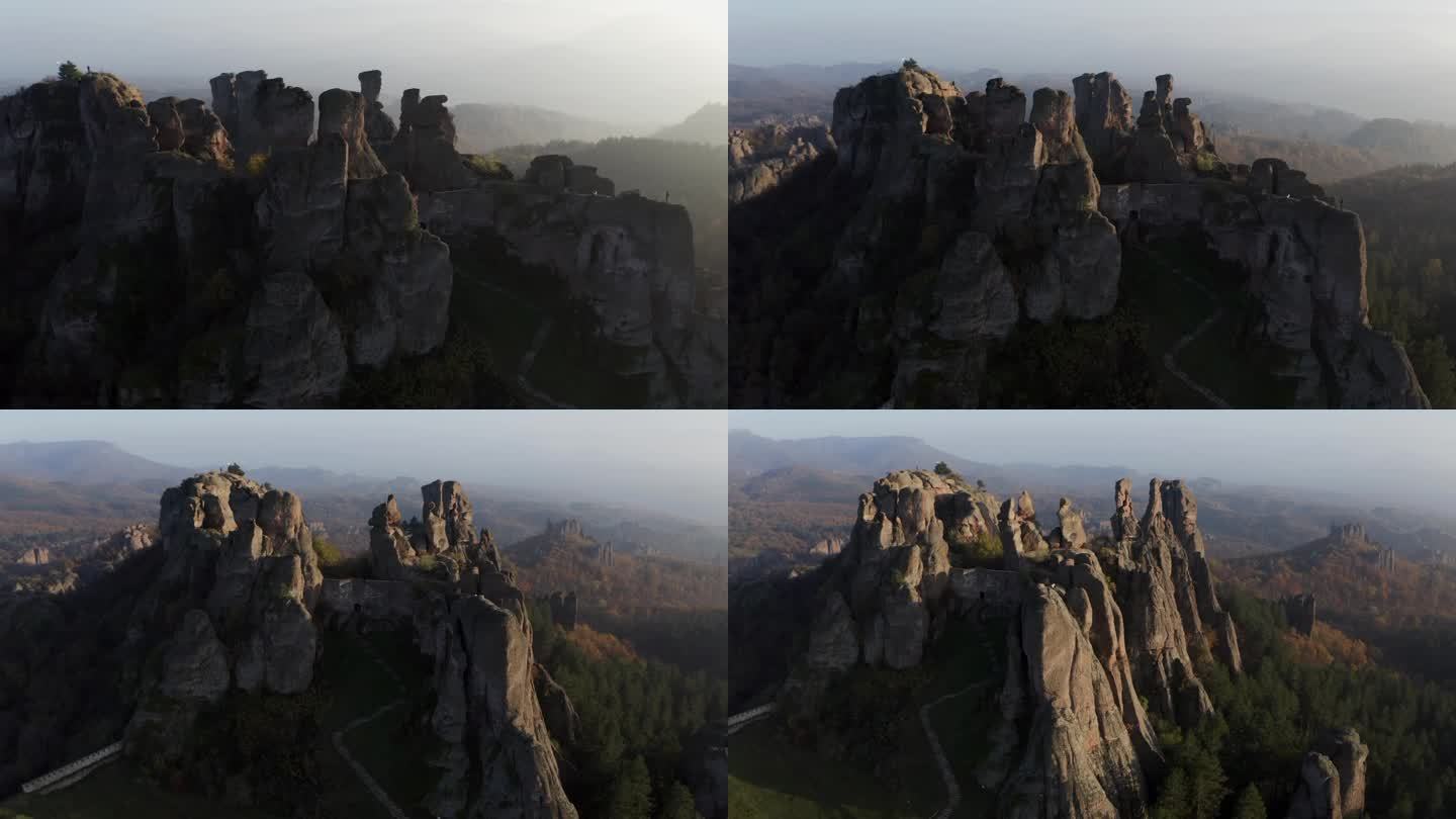 在保加利亚维丁省著名的旅游景点，历史悠久的贝洛格拉奇克堡垒的天然岩层周围，轨道无人机拍摄。
