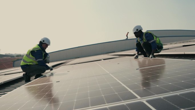 绿色科技中的团队合作:工程师在屋顶上检查光伏太阳能板。