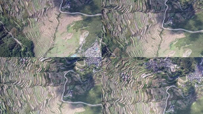 无人机在中国浙江省绍兴市阜之山东城村附近的原汁原味梯田上飞行。4k实时画面。