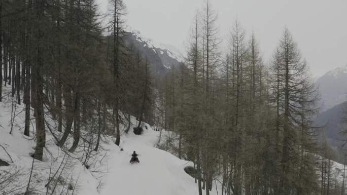 在法国萨瓦伊泽尔谷雪地森林骑雪地摩托