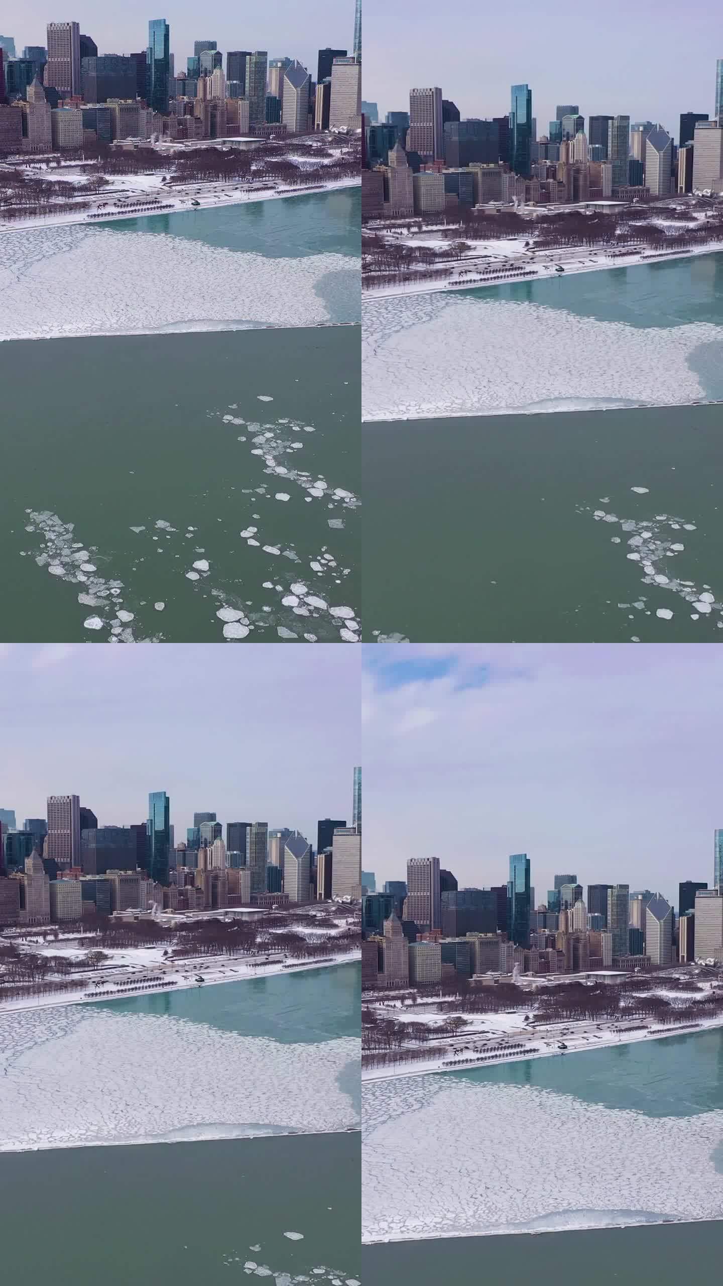 芝加哥和密歇根湖的摩天大楼在冬天的霜冻日。鸟瞰图。美国。垂直视频