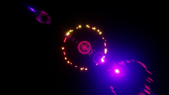 运动与光速在空间与紫色和黄色的镜头耀斑vj循环3d渲染。设计元素为夜总会，迪斯科舞厅，舞蹈，音乐节，