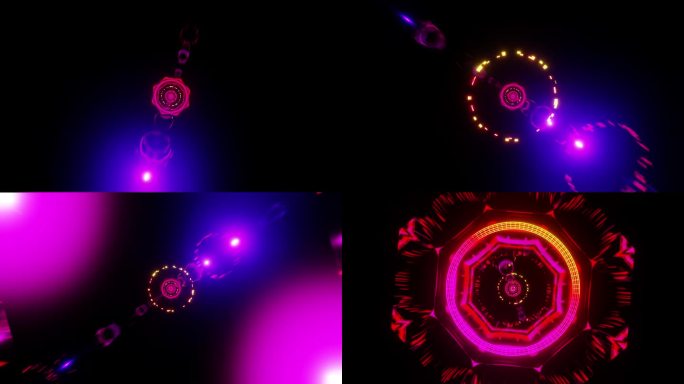 运动与光速在空间与紫色和黄色的镜头耀斑vj循环3d渲染。设计元素为夜总会，迪斯科舞厅，舞蹈，音乐节，